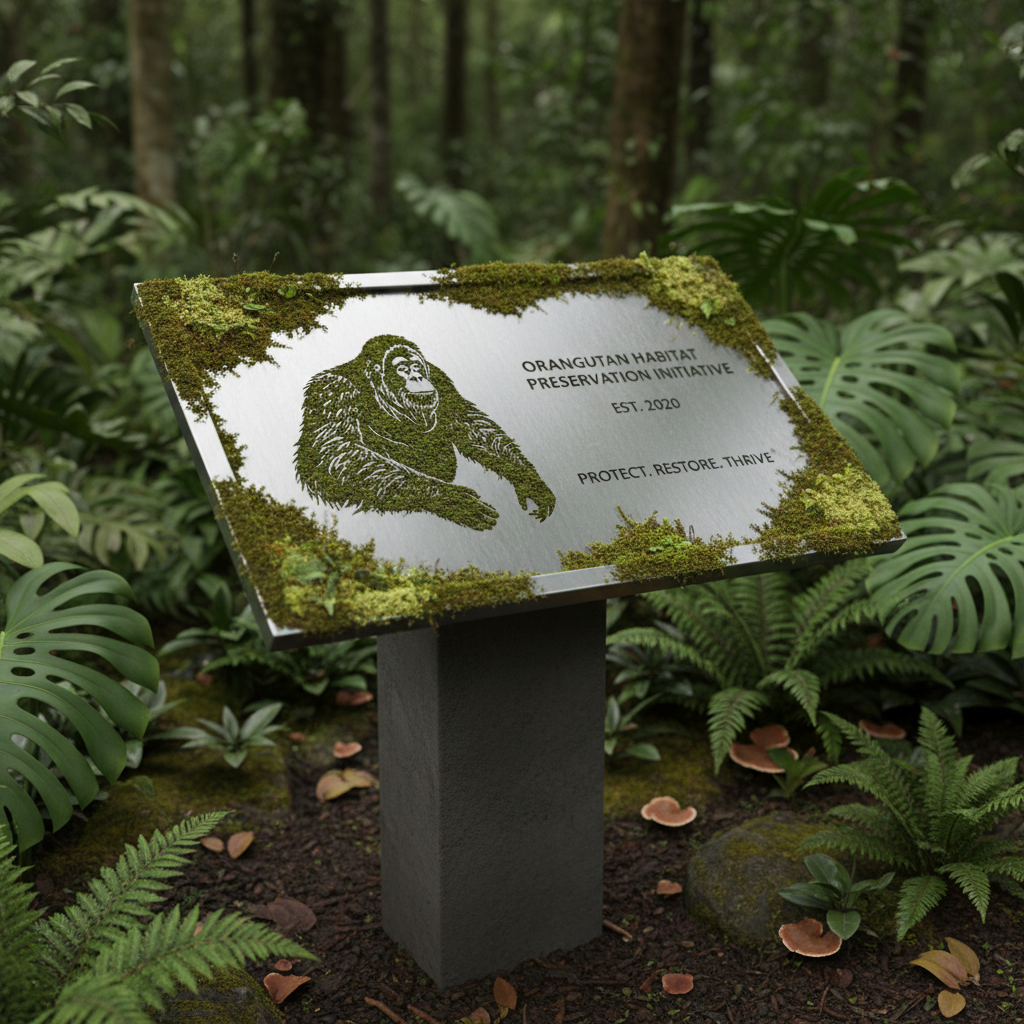 A close-up of a moss-covered informational sign made from brushed recycled metal, etched with conservation details and an engraved orangutan silhouette. The sign is mounted on a sleek stone pedestal among lush rainforest undergrowth with ferns and neutral earth tones surrounding it. Gentle overcast daylight creates an even, soft illumination, highlighting the sign’s clean lines and text. The atmosphere is informative and respectful, evoking a sense of authority and care for the environment. Captured from a slightly elevated perspective for clarity, with a shallow depth of field to keep the background subdued. The aesthetic is clean, structured, and distinctly professional, reinforcing the site’s guiding expertise.