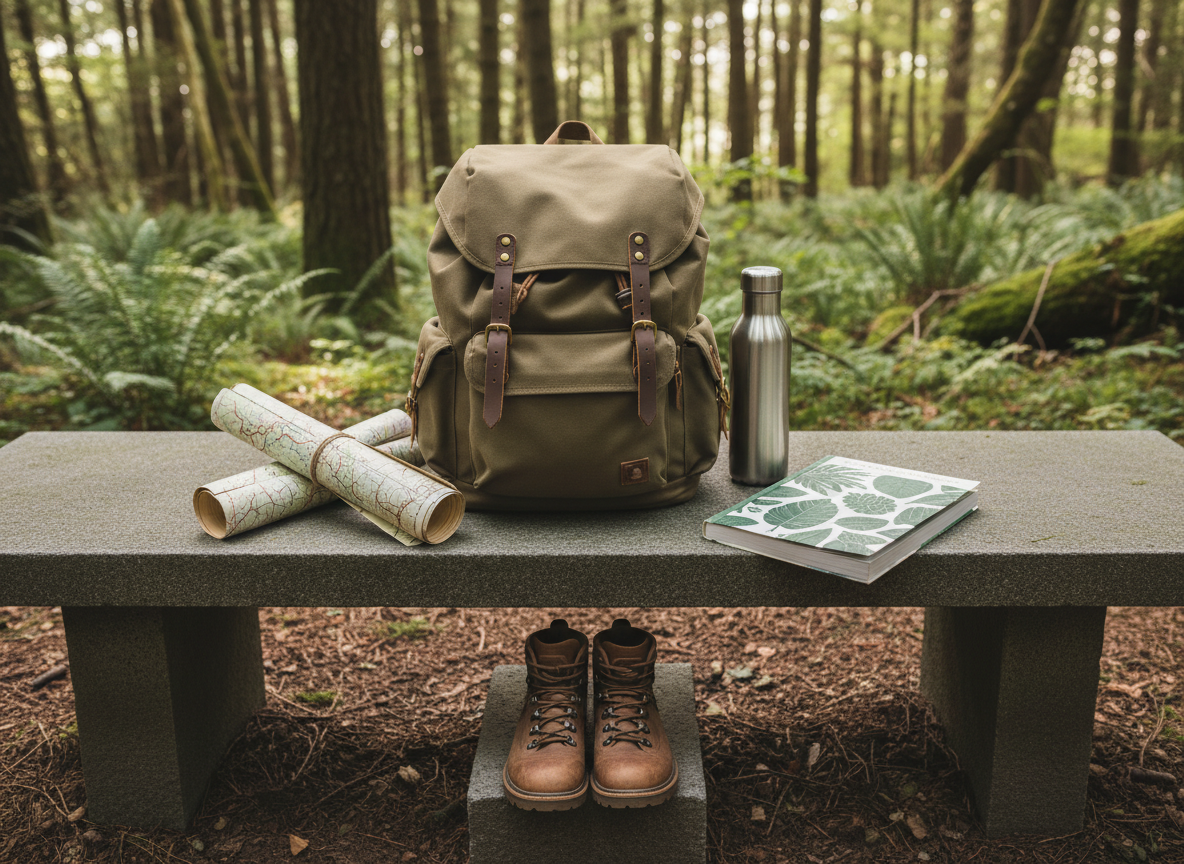 A meticulously arranged collection of eco-friendly trekking gear—including a khaki canvas backpack, stainless steel reusable water bottle, and a field guide with a green leaf motif—set on a smooth stone bench. Surrounding the gear are neatly rolled maps and a pair of buffed brown hiking boots. The bench sits at the edge of a forest clearing with soft, diffused daylight illuminating the scene, casting measured shadows. The mood is purposeful and adventurous, conveying readiness for exploration. Framed from above with a structured, rule-of-thirds composition, every item placed with intention. The style is photographic and professionally curated, befitting a site that values authentic, responsible adventure.