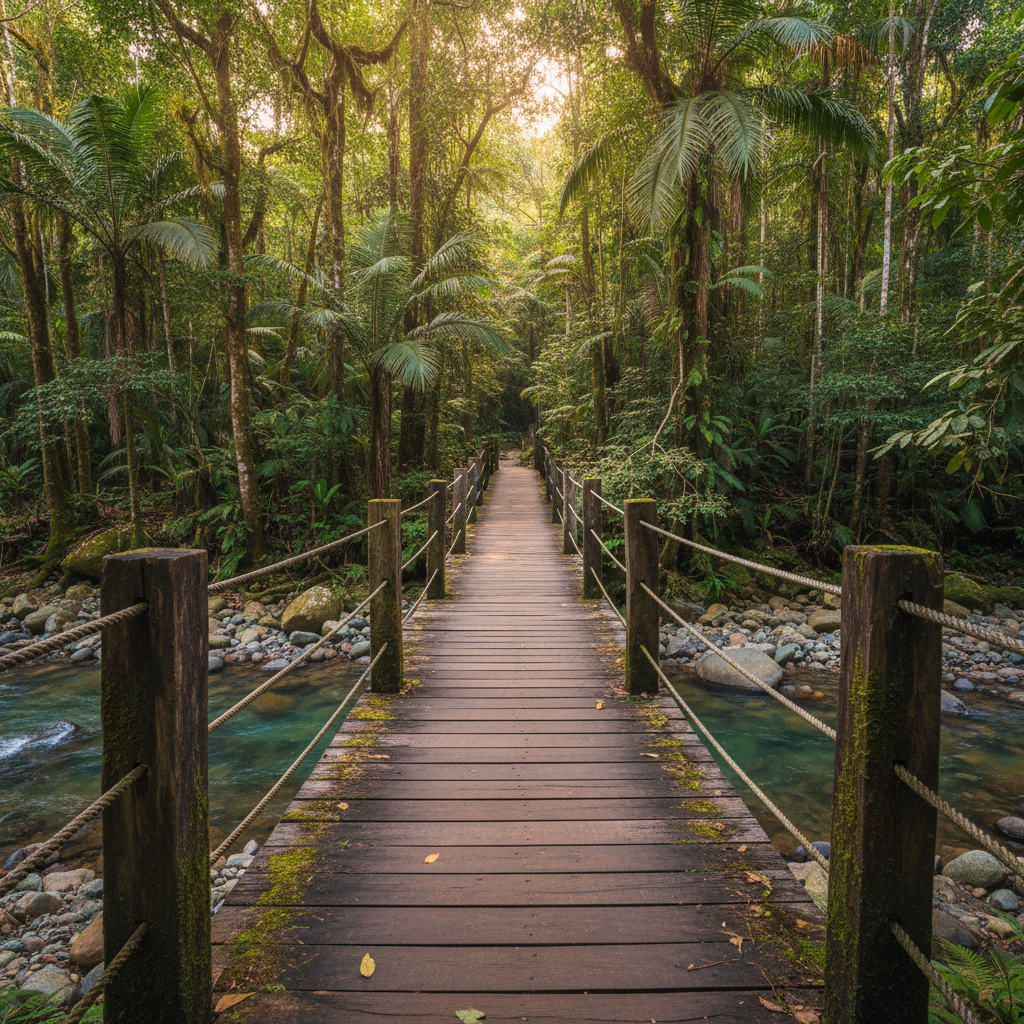 A well-worn, natural wood footbridge stretching over a gentle river, with sturdy rope railings and smooth, water-polished stones beneath. The bridge is surrounded by towering green rainforest vegetation, rich with neutral brown and soft mossy green hues. Dappled sunlight filters through the dense canopy above, casting subtle highlights and gentle shadows on the structured planks. The mood is serene and grounded, emphasizing the harmony of sustainable exploration. Photographed at an eye-level angle, with the footbridge as the central focus and a balanced composition that draws the viewer into the environment. The image has a clean, professional photographic realism, supporting the site’s conservation-focused ecotourism mission.