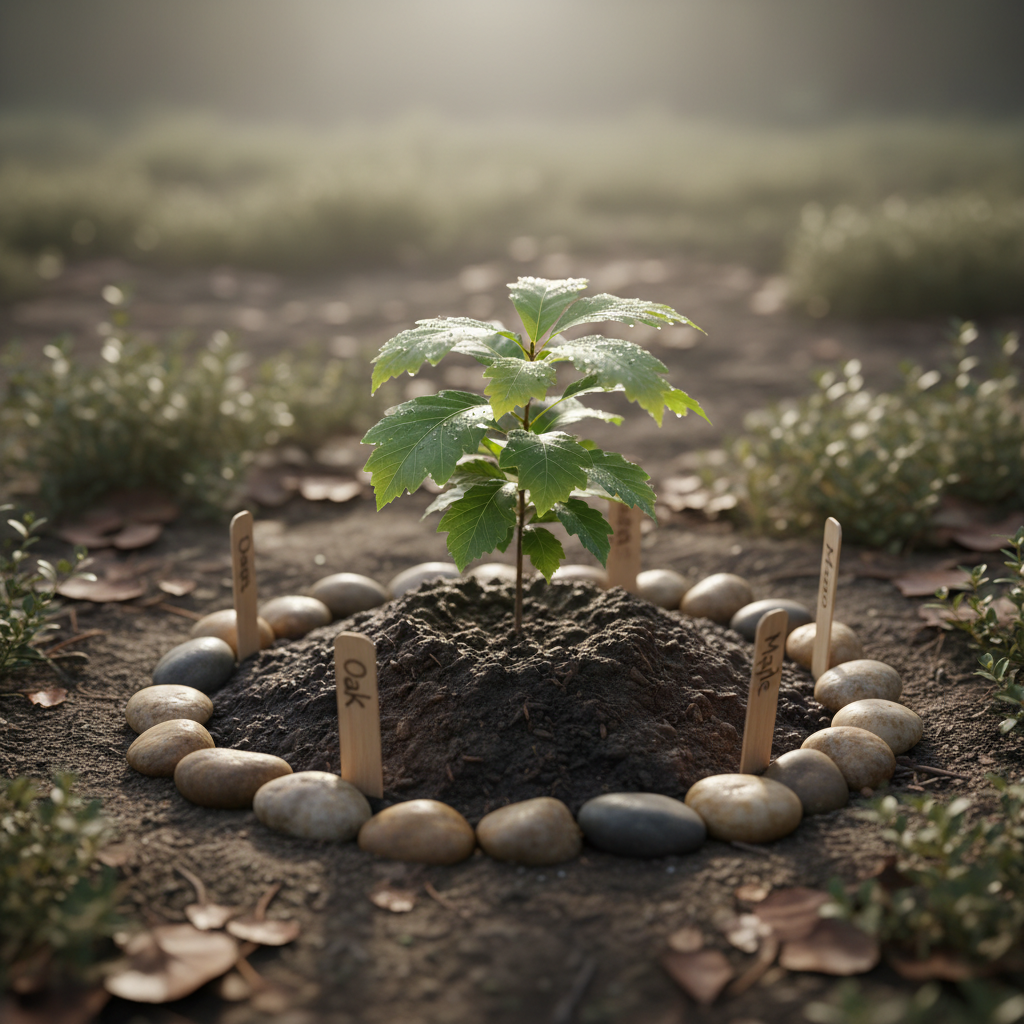 A structured, photographic close-up of a young, vibrant green sapling growing in cultivated dark earth, ringed by small stones and biodegradable plant markers. The sapling appears dewy, with moisture reflecting soft morning light that highlights its fresh leaves and subtle soil textures. Surrounding the planting site is tidy undergrowth and leaf litter in neutral, earthy tones. The atmosphere is hopeful and careful, reflecting a commitment to regrowth and protection. Composed at ground level with a shallow depth of field, the sapling is centrally focused, emphasizing care and new beginnings. The aesthetic is clean, modern, and organic, closely aligned with the guide’s conservation ethos.