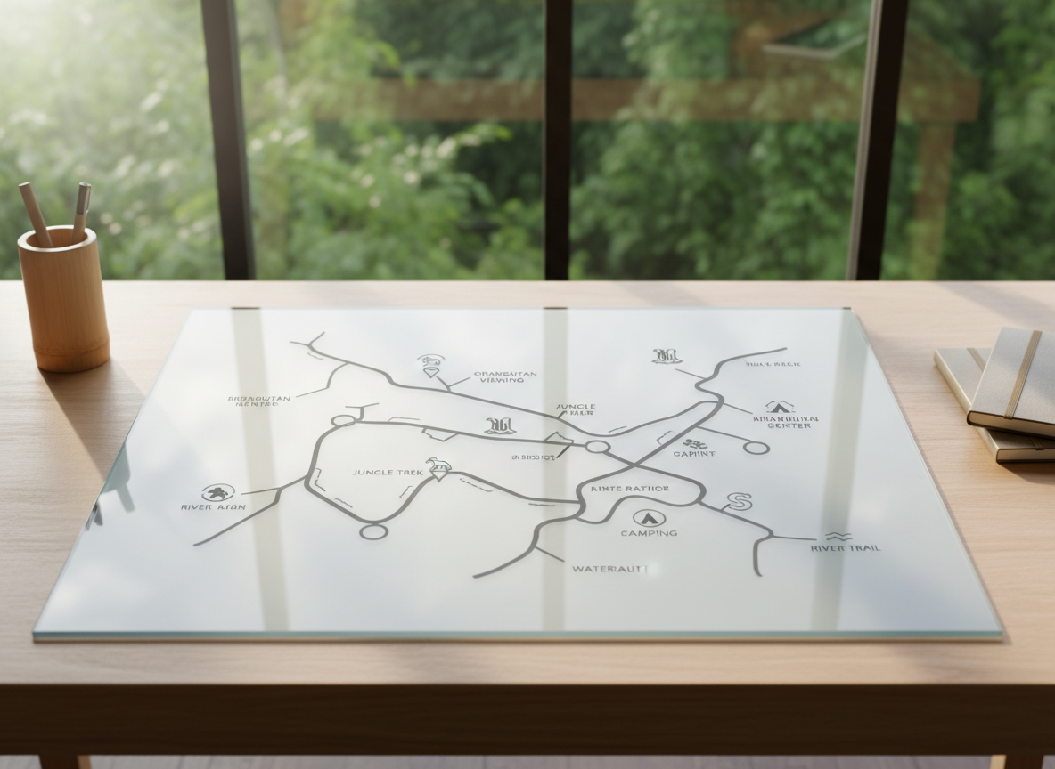 A polished, minimalist map of Bukit Lawang’s key ecotourism trails, etched in dark gray lines on a frosted glass surface atop a tidy wooden desk. Soft natural light flows in from a nearby window, casting subtle reflections and a mild glow on the glass. The background features a hint of rainforest foliage visible through the window, rendered in gentle blur. The mood is organized and trustworthy, presenting information with clarity. Shot from an overhead bird’s-eye view for legibility and balance, the composition prioritizes clean geometry and modern professionalism, perfectly in tune with a conservation-minded tour guide’s web presence.