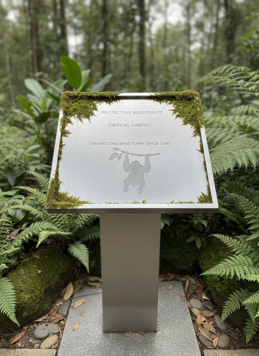 A close-up of a moss-covered informational sign made from brushed recycled metal, etched with conservation details and an engraved orangutan silhouette. The sign is mounted on a sleek stone pedestal among lush rainforest undergrowth with ferns and neutral earth tones surrounding it. Gentle overcast daylight creates an even, soft illumination, highlighting the sign’s clean lines and text. The atmosphere is informative and respectful, evoking a sense of authority and care for the environment. Captured from a slightly elevated perspective for clarity, with a shallow depth of field to keep the background subdued. The aesthetic is clean, structured, and distinctly professional, reinforcing the site’s guiding expertise.